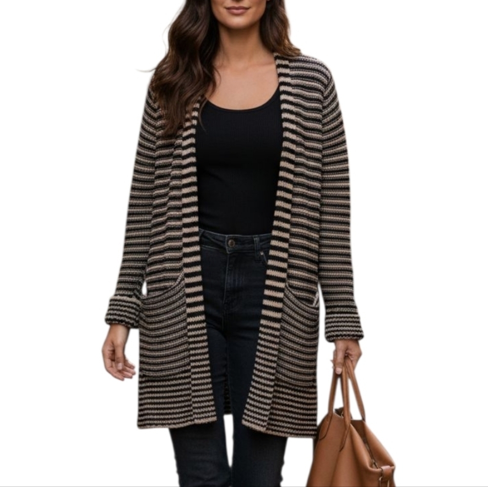 Sejour Plus Black Tan Striped Open Cardigan Sweater Duster Knit Cotton Blend
